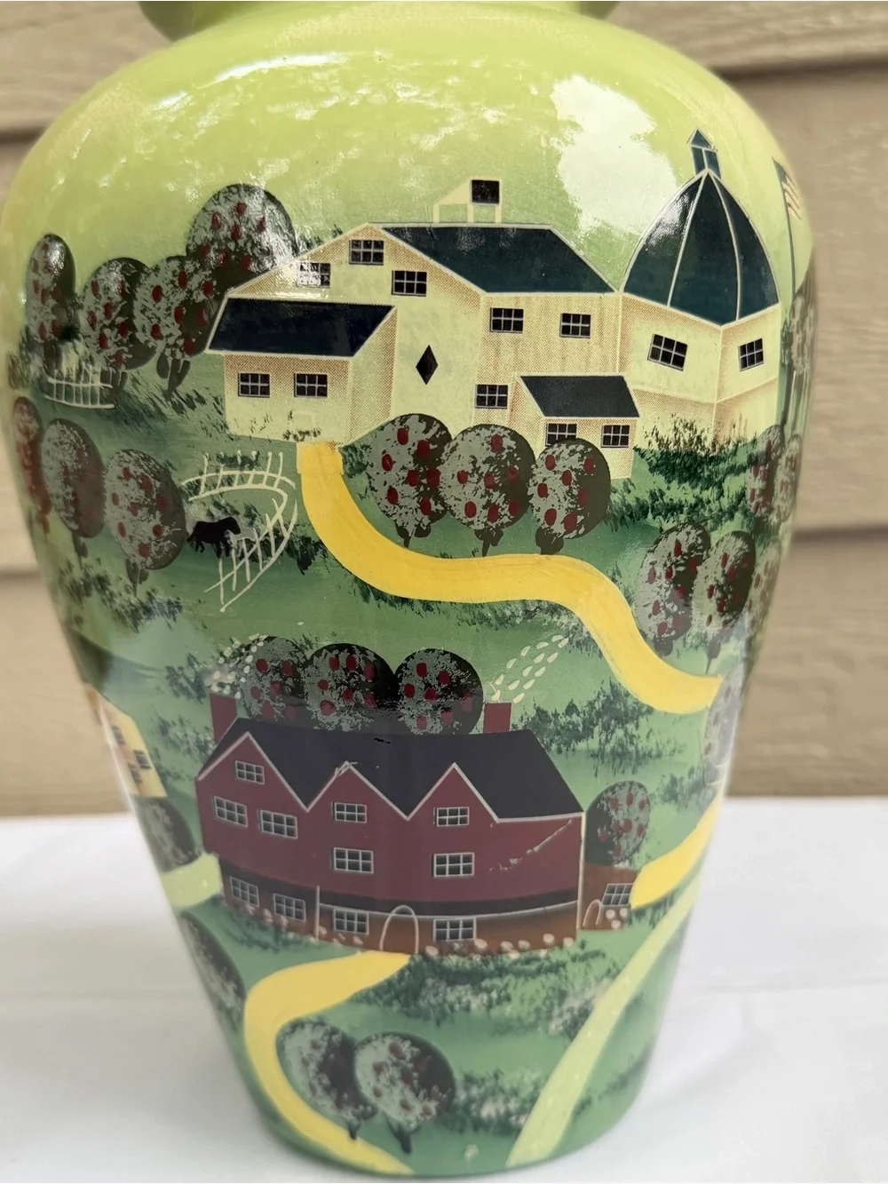 American Folk Art Pottery Vase  11” Rustic Country Farm Green Glossy Horse Flag